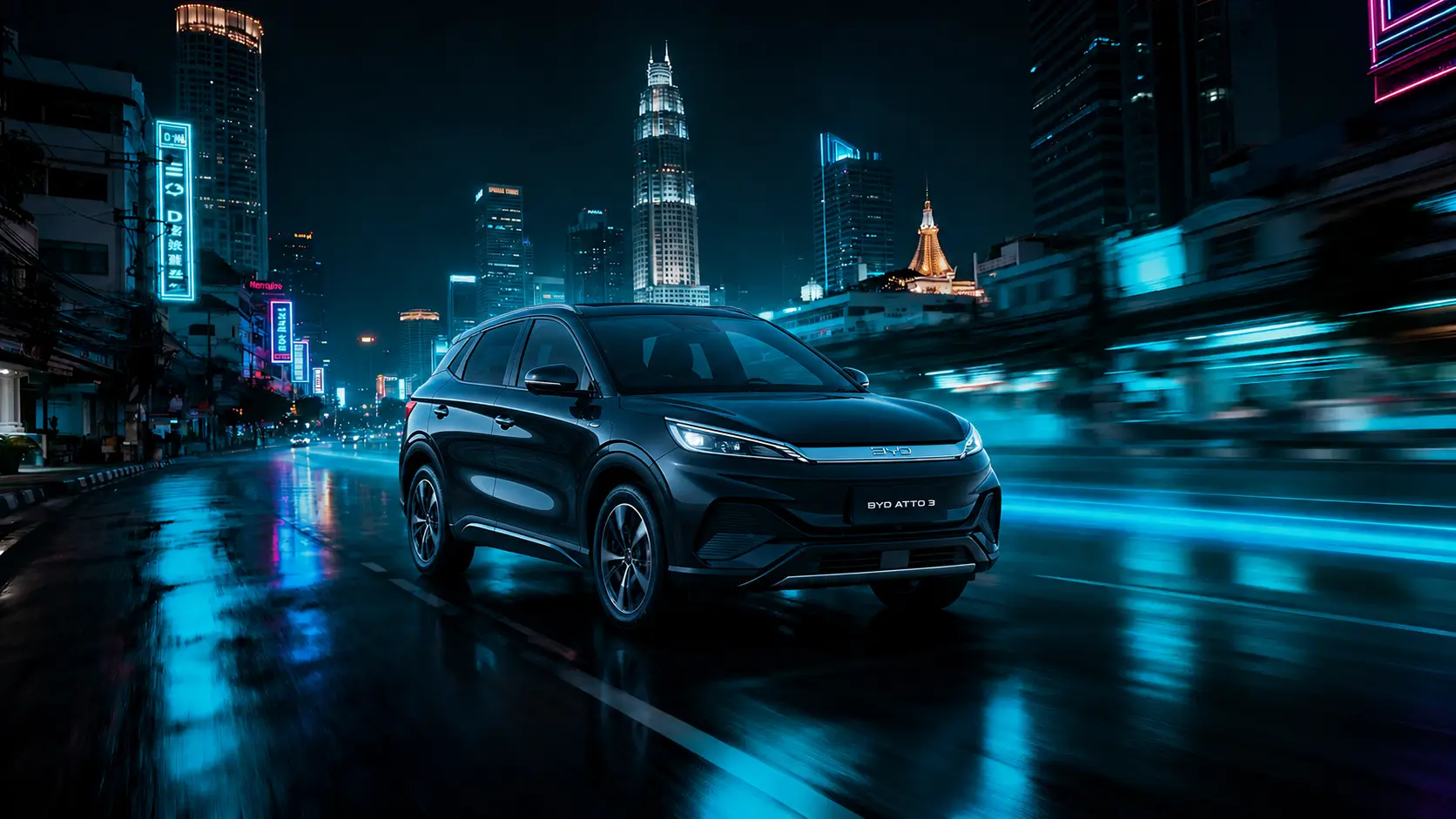 BYD electric SUV driving through Bangkok at night